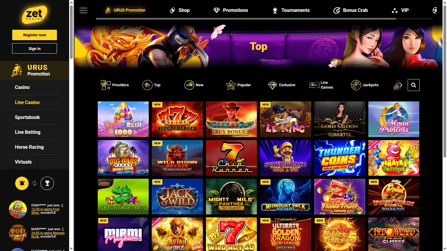Zet Casino desktop games area with casino categories and available titles