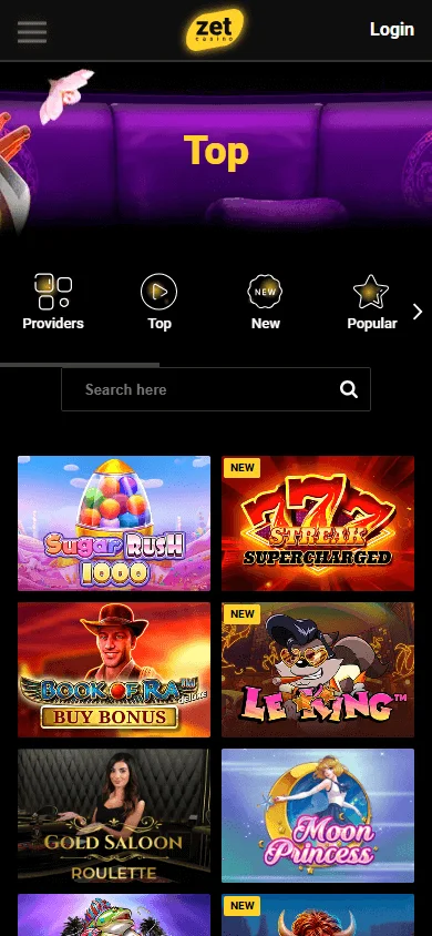 Zet Casino mobile browser games area with casino categories