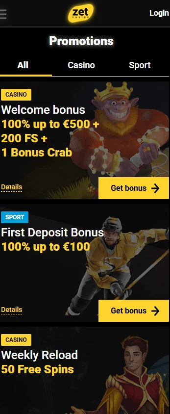 Zet Casino mobile browser promotions area with available offers