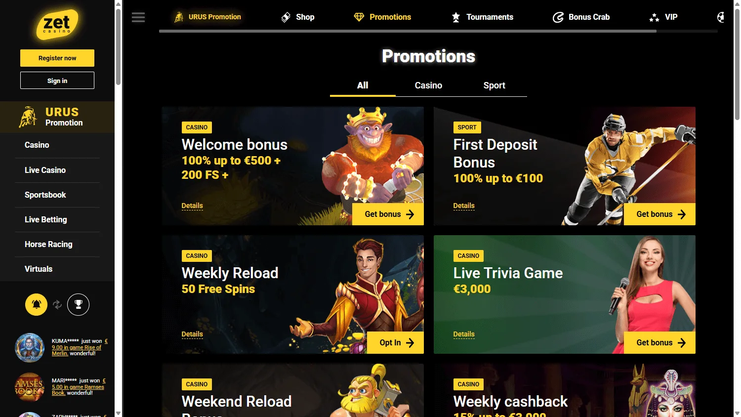 Zet Casino desktop promotions area with welcome and reload offers