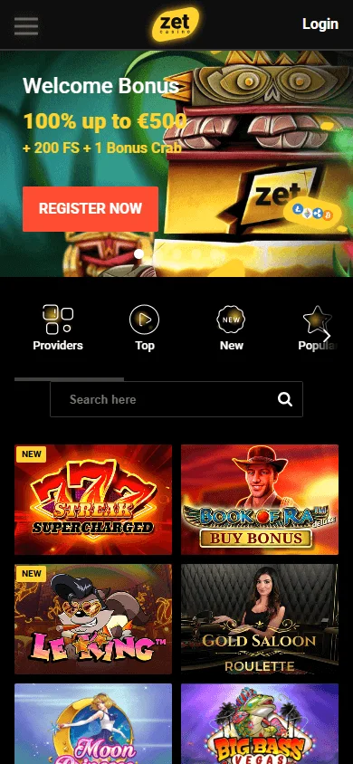 Zet Casino mobile browser homepage with casino and sportsbook access