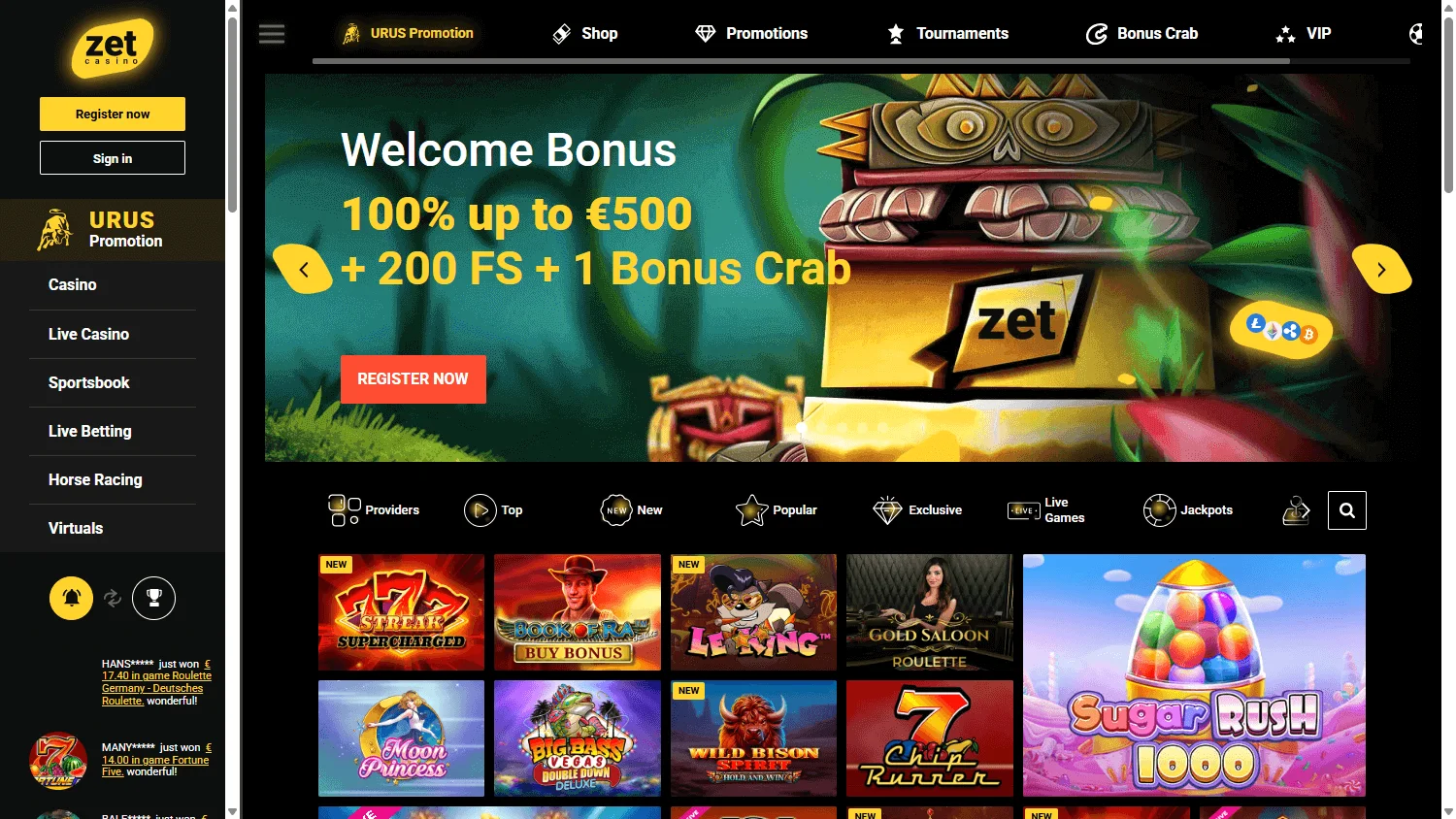 Zet Casino desktop homepage with casino, sportsbook and promotional access